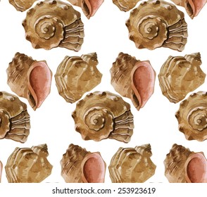 Watercolor seashells. Seamless vector pattern