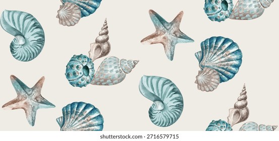 Watercolor Seashells Starfish Pattern Background