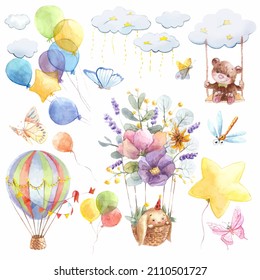 Watercolor set about the flight. Rabbit in a hot air balloon. Hand painted sky illustration with with flying objects isolated on white background. For design, prints, fabric or background