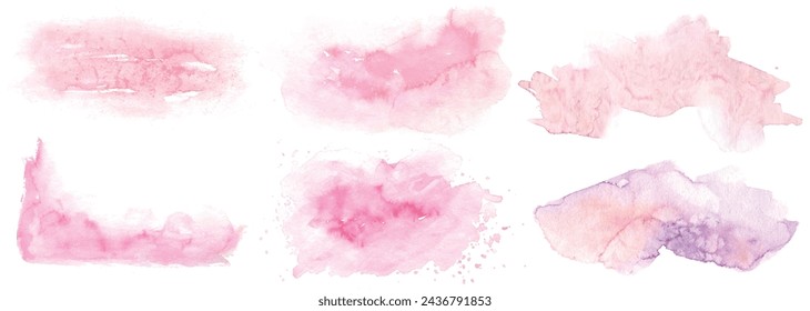 Watercolor set of abstract pink and violet colourful stains. Splashing hand drawn vector traced painting.