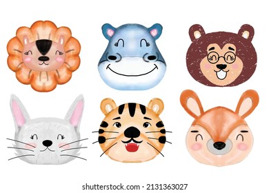 watercolor set of adorable head animal. lion, hippo, bear, rabbit, tiger, fox