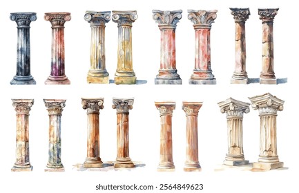 Watercolor set of ancient Greek and Roman columns png. Ancient Greek and Roman columns watercolor. Elements of ancient architecture. Vector illustration.