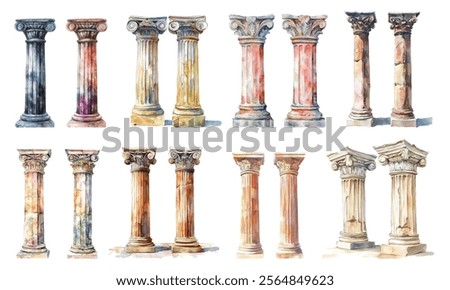 Watercolor set of ancient Greek and Roman columns png. Ancient Greek and Roman columns watercolor. Elements of ancient architecture. Vector illustration.