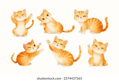 Watercolor Set of Animal Illustrations Cat. Cute Pet Kids cartoon Style Watercolor Paintings Collection