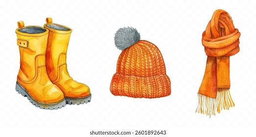 Watercolor set of autumn clothes png. A hat, rain boots and a scarf on an oiled background. Autumn clothes in warm, long shades. Autumn concept. Vector illustration.