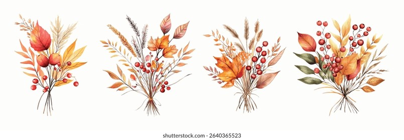 Watercolor set of autumn floral arrangements. Watercolor autumn compositions with autumn leaves, cranberries. spikelets and other autumn flowers. Vector illustration.