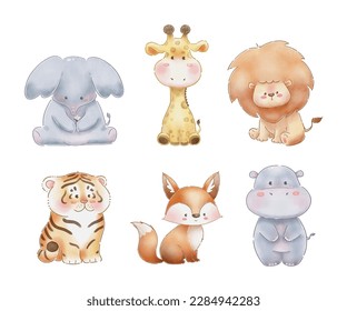 Watercolor set of baby animals