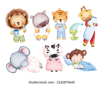 Watercolor set of baby safari animals bedtime 