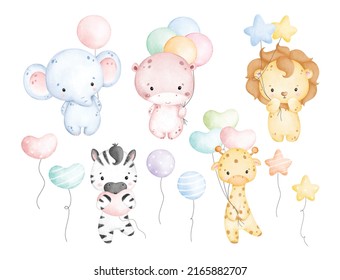 Watercolor set of Baby Safari Animals and balloons in pastel color 