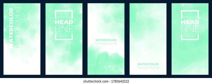 Watercolor set background in mint green style. Flyer, poster or banner template. Bundle of light neo-mint  aquarell for business card. Colorful backdrop with copy space. Floating frame, box.