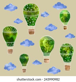 Watercolor set of balloons in the sky with clouds