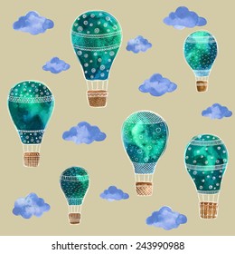 Watercolor set of balloons in the sky with clouds
