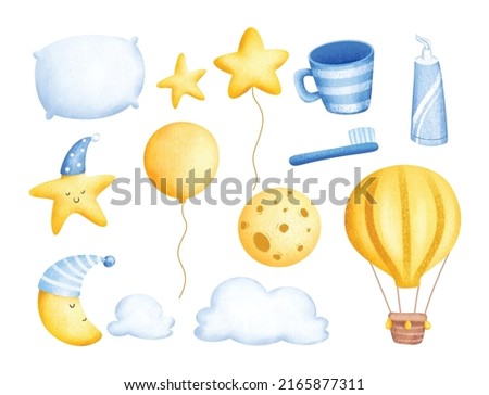Watercolor set of bedtime thing elements 