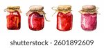 Watercolor set of berry jams. A jar of homemade jam, natural organic products, berry jam. The concept of canning for the winter. Vector illustration.