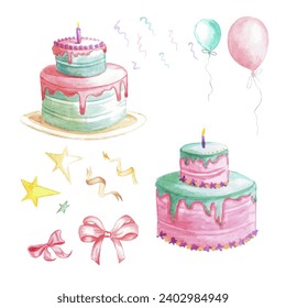 Watercolor set for birthday, balloons, flags, cake, vector illustration. balloons, ribon, gift, vector