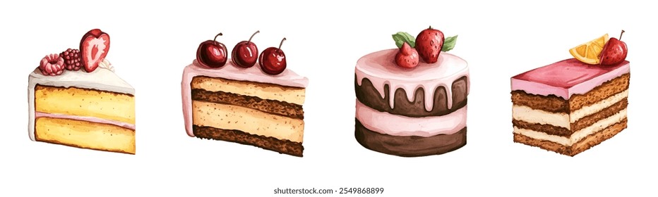 Watercolor Set of birthday cake slices. Sweet holiday bakery slices collection. Pastry cakes with berries covered with icing. Vector illustration.