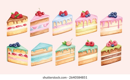 Watercolor Set of birthday cake slices. A collection of sweet holiday cake pieces