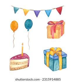 Watercolor set of birthday items. Watercolor present, cake, ballon and flag garland.