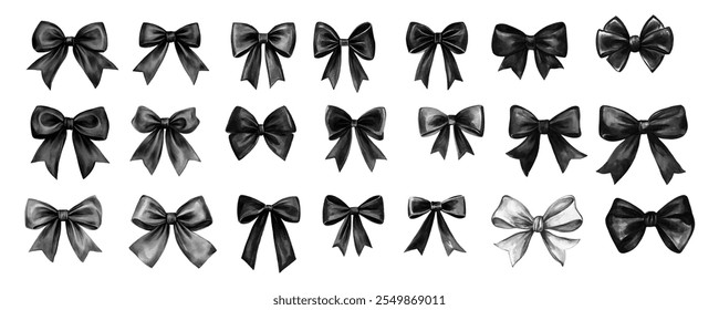 Watercolor set of black bows png. Bows made of black and white satin ribbons. Decorative bows watercolor. Vector illustration.