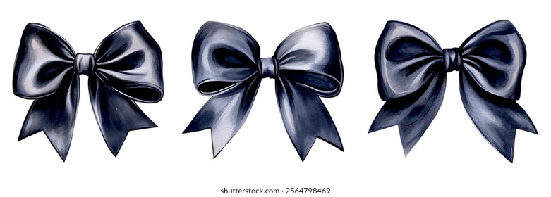 Watercolor set of black elegant bows. Vintage bows made of black satin ribbon on transparent background. Elegant and vintage decorations, hair accessories, etc.