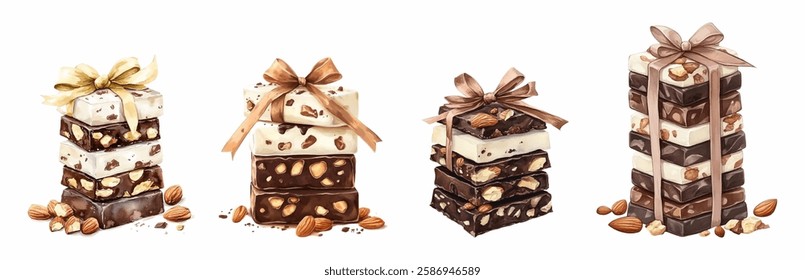 Watercolor set of black, white and milk chocolate with pieces of nuts wrapped with a satin ribbon in a bow. Watercolor pieces of chocolate with nuts. Concept of sweets, confectionery, gifts.