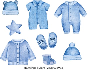 Watercolor set of blue baby boy clothes illustration isolated on white background. Charming newborn outfit design for nursery decoration