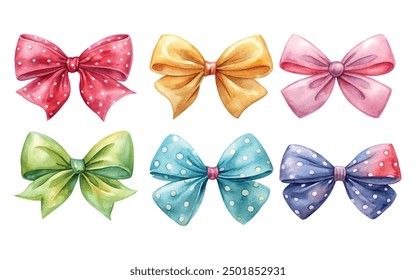 Watercolor set of blue and red bows, Watercolor set of blue and red bows with polka dot, Hand drawn necktie collection isolated on white background