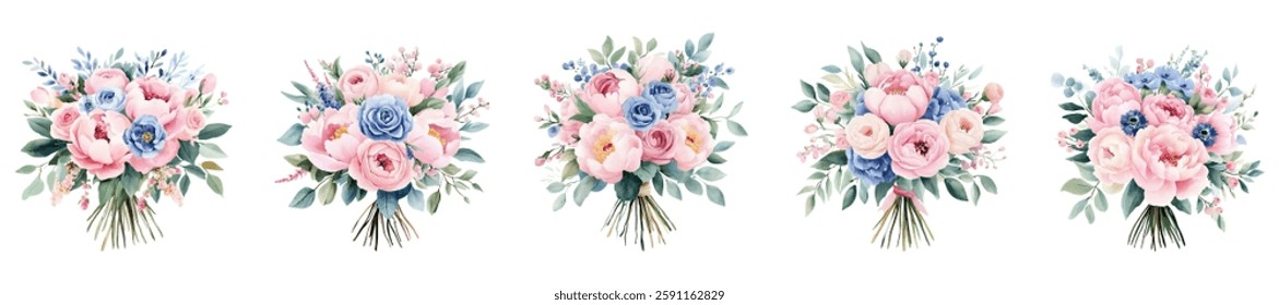 Watercolor set of bouquets of peonies, eucalyptus and other flowers. Pink and blue eucalyptus flowers in a bouquet decorated with other flowers. Concept of romantic bouquets of flowers in watercolor.