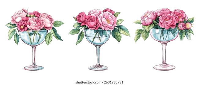 Watercolor set of bouquets of pink peonies in a glass of water. Pink peonies with roses and lush leaves standing in a glass for drinks with water. Watercolor floral arrangements of peonies.