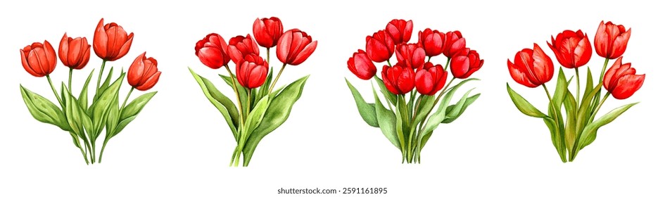 Watercolor set of bouquets of red tulips png. Red tulip flowers with green stem and leaves. Watercolor spring flowers concept. Elements for March 8, Mother's Day and other spring designs.