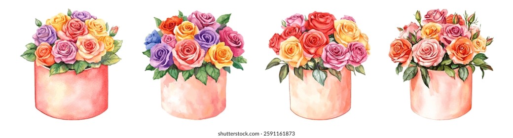 Watercolor set of bouquets of roses in a gift box. Bouquet of yellow, red and purple roses in a peach aqua box. Romantic watercolor gifts. Watercolor bouquet of roses. Vector illustration.