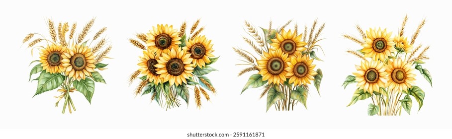 Watercolor set of bouquets of sunflowers with spikelets on an isolated background. Symbols of Ukraine. Ripe rye wheat with sunflower flowers in a bouquet. Field bouquets. Vector illustration.