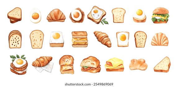 watercolor set of breakfast sandwiches png. Sandwiches, croissants, egg toast, cheese toast and other watercolor pastries. Hot breakfast bread. Bread toast. Breakfast food watercolor.