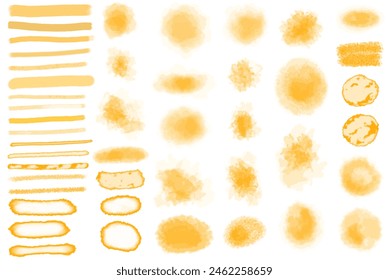 Ensemble d'aquarelles. Brosses, éclaboussures, texture tache,  horizontale.  Illustration vectorielle. Jaune, orange, doré