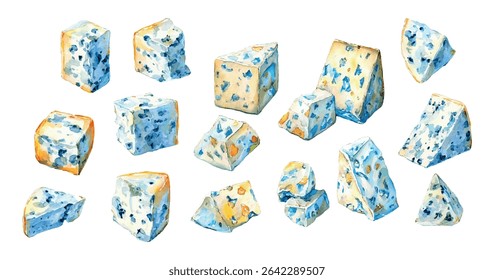 Aquarela conjunto de fatias de queijo com png de molde. Queijo azul com mofo. delícias e petiscos franceses e italianos. Aperitivos para vinho e produtos de queijo. Ilustração vetorial.