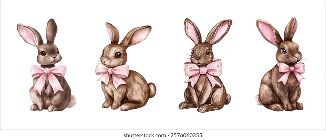 Watercolor set of chocolate bunnies decorated with pink bow png. Sweet chocolate bunnies for Easter. Symbol of Easter and traditions. Vector illustration.