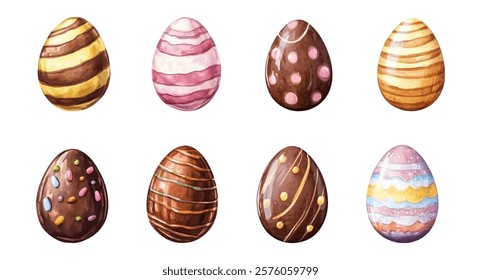 Watercolor and set of chocolate eggs png. Milk chocolate eggs decorated with glaze. Surprise egg symbol. Easter symbol. Vector illustration.