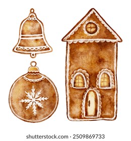 Watercolor set Christmas bell, ball and house vector ornaments cut out from white background