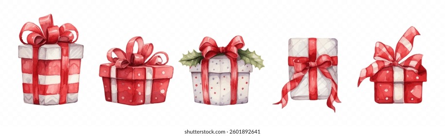 Watercolor set of Christmas gifts. Set of boxes of fools in red and white packaging on a transparent background. Concept of Christmas and New Year.