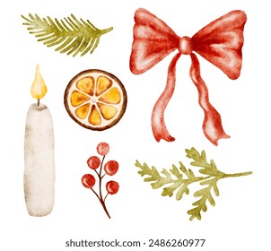 Watercolor set Christmas new year holiday design elements cut out from background