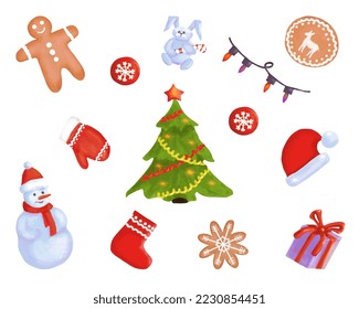 Watercolor set of Christmas symbols, garland, snowman, Santa hat, Christmas tree, rabbit, gift box, cookies
