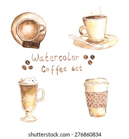 Watercolor set coffee set. Cappuccino cup with chocolate bar upper view. Coffee latte, Espresso and take away coffee paper cup. Coffee beans. Vector illustration. For cafe design and menu decoration 