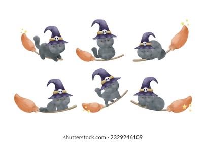 watercolor set of collection Cute black cat wearing witch hat on broomstick Halloween party element vector llustration on white background