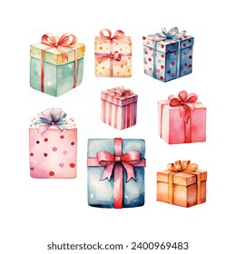 watercolor set of  colorful birthday gift boxes