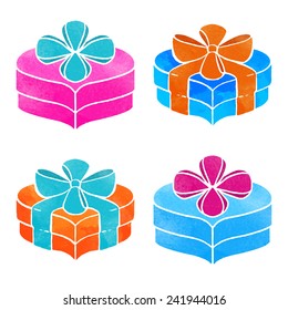 Watercolor set colorful gift boxes with bows closeup isolated on a white background 