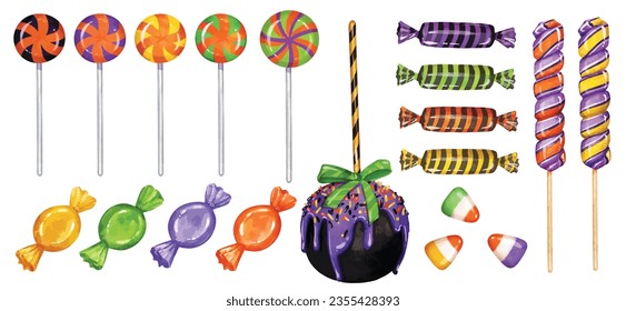 Watercolor Set of colorful Halloween sweets for children. Hard candies on stick, spiral lollipops and candy corn, Vector candies isolated on a white background