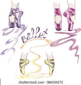 watercolor set of colorfull ballet pointe shoes. EPS10