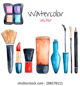 Watercolor set of cosmetics objects. Vector collection for make up: foundation, lipstick, eye shadows, brushes, mascara, eyebrow pencil. Isolated beauty elements for your design