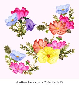 watercolor set of cosmos floral arrangement