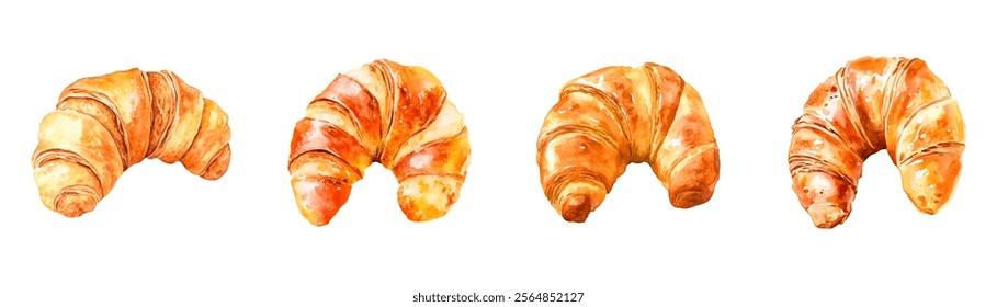 Watercolor set of croissants png. French croissant pastry on a transparent background. Watercolor baking and desserts.